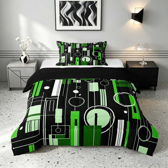 Manfei Contemporary Abstract Twin Comforter Sets, Geometric Circle Rectangle Bedding Set, Green and Black, Black Reversible 2-Piece, 1 Comforter and 1 Pillowcase