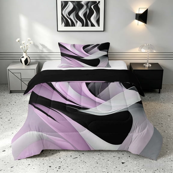 Manfei Contemporary Abstract Twin Comforter Sets, Watercolor Aesthetic Bedding Set, Lilac, Black and Gray, Black Reversible 2pcs, 1 Comforter and 1 Pillowcase