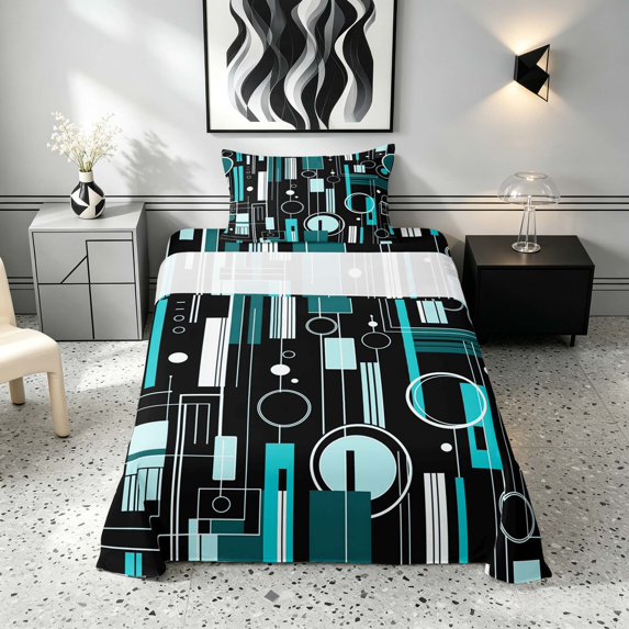 Manfei Contemporary Abstract Twin Sheets, Geometric Circle Rectangle Bedding, Teal and Black, Black Reversible 3 Pieces1 Flat Sheet + 1 Fitted Sheet + 1 Pillowcase