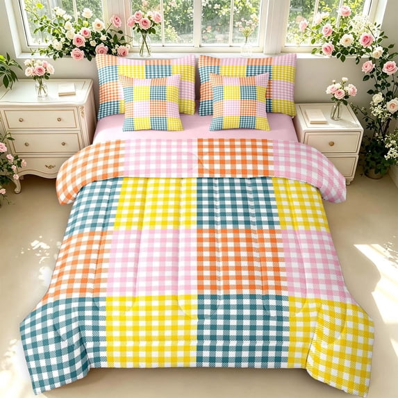 Manfei Contemporary Grid 7-Piece King Bedding,Checkered Art King Bed in a Bag,Orange Pink Blue,Pink Reversible