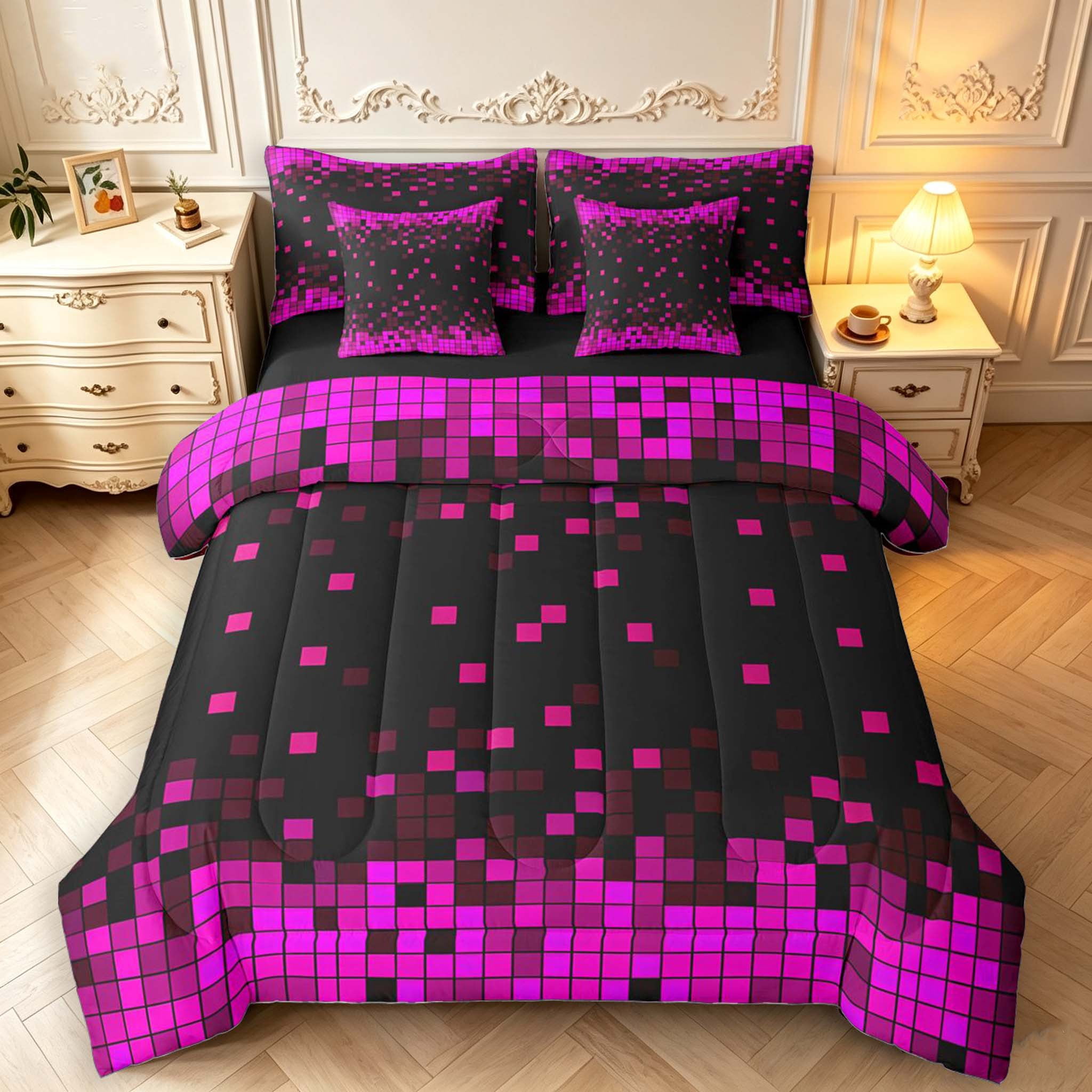 Manfei Contemporary Grid 7-Piece King Bedding,Pixel Pattern King Bed in ...