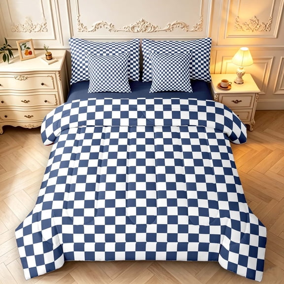 Manfei Contemporary Grid 7-Piece Twin Bedding,Checkered Art Bedding Comforter Set,Navy White,Navy Blue Reversible