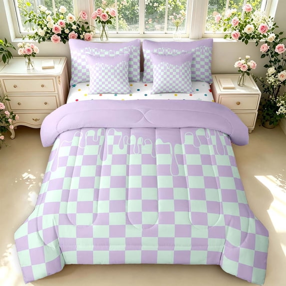 Manfei Contemporary Grid 7-Piece Twin Bedding,Checkered Art Bedding Comforter Set,Purple,Polkadot Reversible