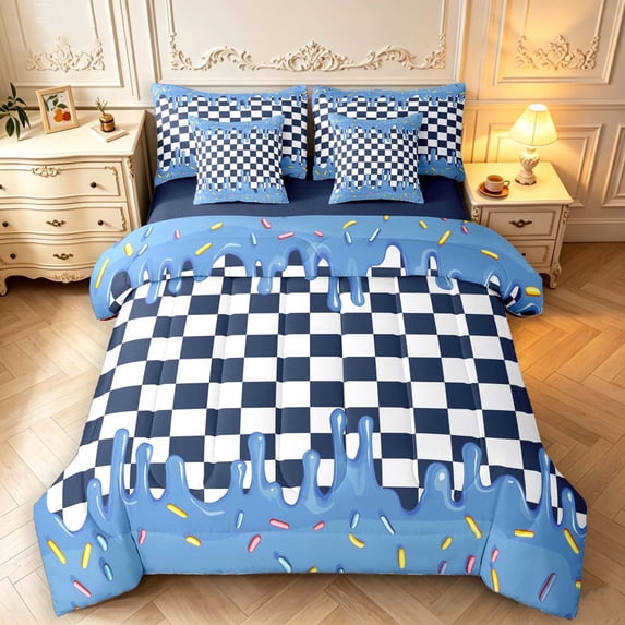 Manfei Contemporary Grid 7-Piece Twin Bedding,Modern Drip Bedding Comforter Set,Black White Blue,Navy Blue Reversible