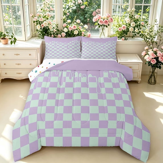 Manfei Contemporary Grid Full Size Comforter Sets,Checkered Art Bedding Comforter Set,Purple,Polkadot Reversible,3pcs,1 Comforter and 2 Pillowcases,3pcs,1 Comforter and 2 Pillowcases