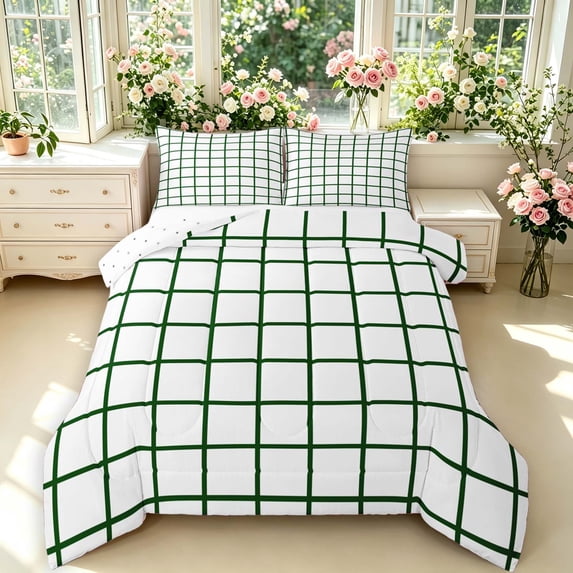 Manfei Contemporary Grid Queen Comforter Set,Checkered Art Comforter Sets Queen,White Green,Reversible,3-Piece,1 Comforter and 2 Pillowcases,3-Piece,1 Comforter and 2 Pillowcases