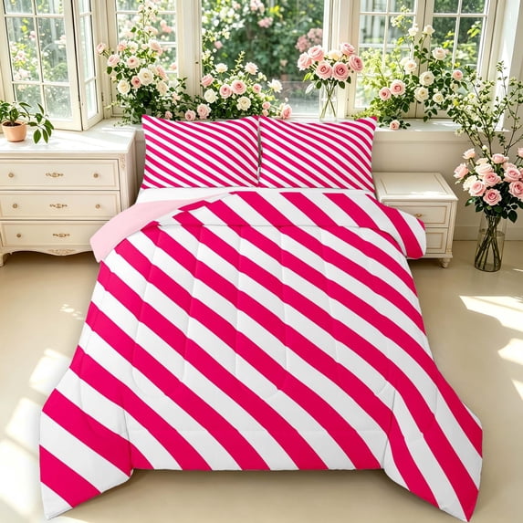Manfei Contemporary Grid Queen Comforter Set,Modern Stripes Comforter Sets Queen,Red Pink White,Pink Reversible,3-Piece,1 Comforter and 2 Pillowcases,3-Piece,1 Comforter and 2 Pillowcases