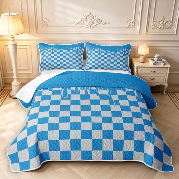 Manfei Contemporary Grid Quilt King,Checkered Art King Coverlet Set,Blue,3 Pieces,1 Bedspread and 2 Pillowcases