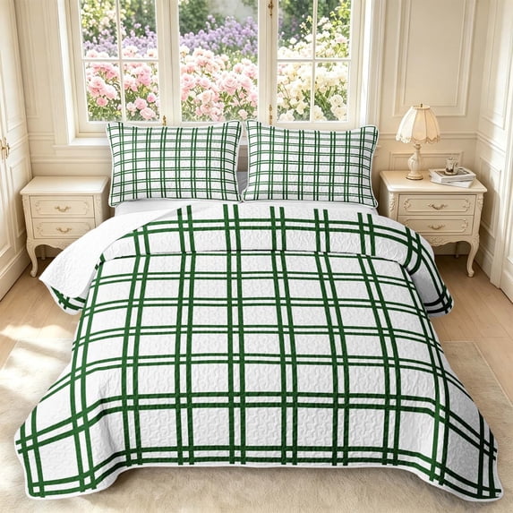 Manfei Contemporary Grid Quilt King,Checkered Art King Coverlet Set,White Dark Green,3 Pieces,1 Bedspread and 2 Pillowcases