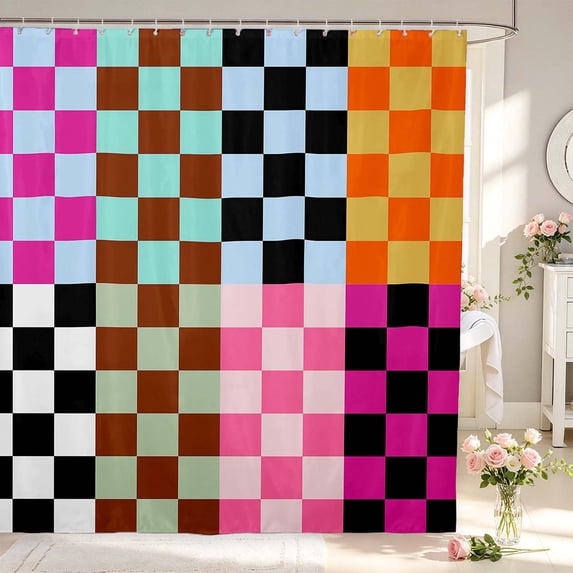 Manfei Contemporary Grid Shower Curtain 72Wx78L,Checkered Art Bath Curtain,Black Blue Orange