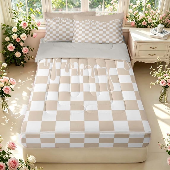 Manfei Contemporary Grid Zipper Full Size Comforter Sets with Fitted Sheet and 2 Pillowcases,Checkered Art Zipper Bedding Set,Beige White,Light Gray Reversible,4pcs