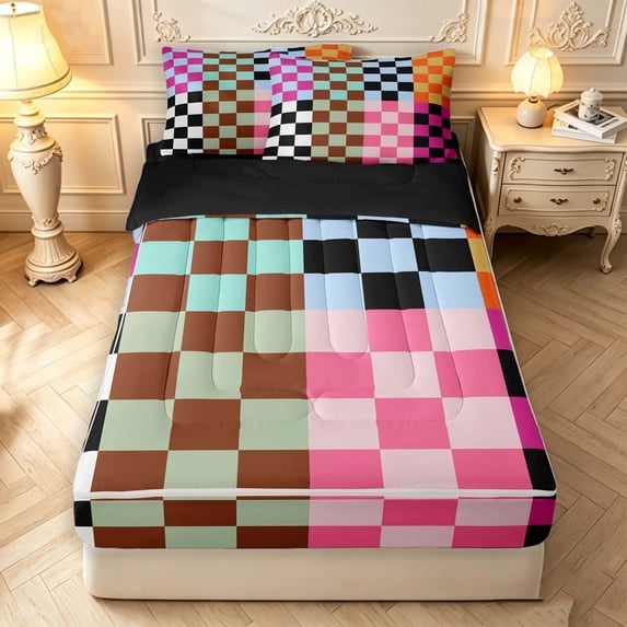Manfei Contemporary Grid Zipper Full Size Comforter Sets with Fitted Sheet and 2 Pillowcases,Checkered Art Zipper Bedding Set,Black Blue Orange,Black Reversible,4pcs