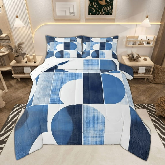 Manfei Contemporary Minimalist Full Size Comforter Sets, Geometric Stripe Semicircle Bedding Comforter Set, Blue White Bedding Sets, Microfiber Bedroom Decor, 3-Piece Reversible