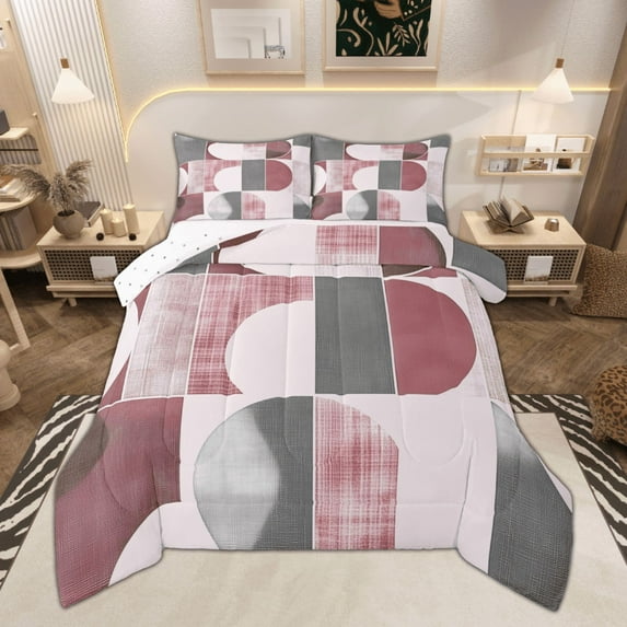 Manfei Contemporary Minimalist Full Size Comforter Sets, Geometric Stripe Semicircle Bedding Comforter Set, Pink Gray Bedding Sets, Lightweight Room Decor, 3-Piece Reversible