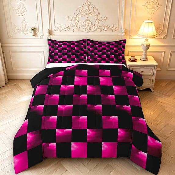 Manfei Contemporary Pink Purple Grid King Size Comforter Sets,Checkered Art Comforters King Size,Black Reversible,3-Piece,1 Comforter and 2 Pillowcases,3-Piece,1 Comforter and 2 Pillowcases