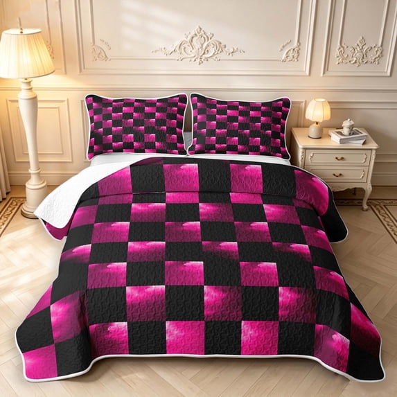 Manfei Contemporary Pink Purple Grid Quilt Full,Checkered Art Full ...