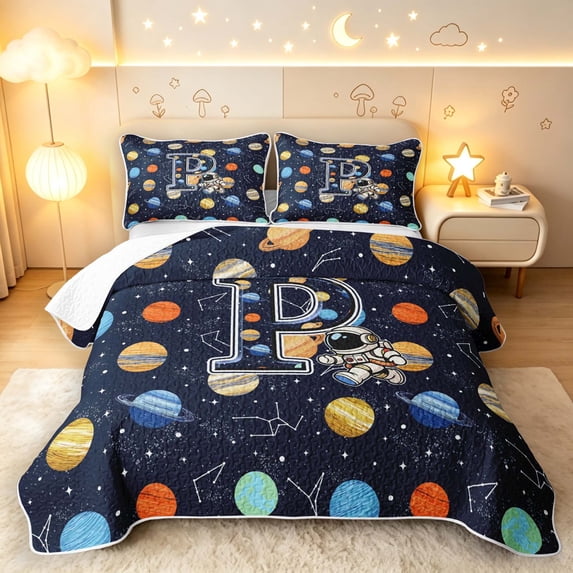Manfei Cool Astronaut Letter P Twin Quilt Set,Celestial Cosmic Stars Twin Coverlet Set,Dark Blue,Navy Blue Reversible,2pcs,1 Bedspread and 1 Pillowcase