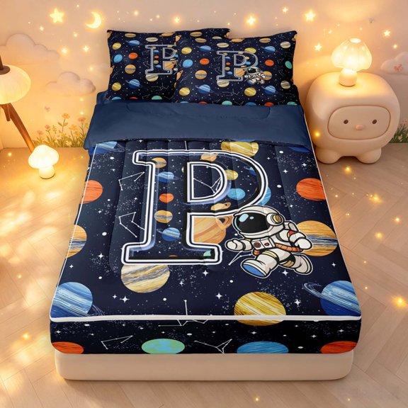 Manfei Cool Astronaut Letter P Zipper Twin Comforter Sets with Fitted Sheet and 2 Pillowcases,Celestial Cosmic Stars Zipper Bedding Set,Dark Blue,Navy Blue Reversible,4pcs
