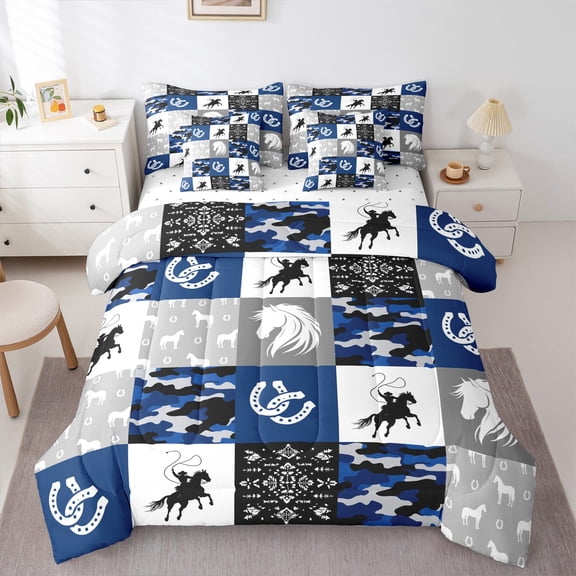 Manfei Cool Cowboy 7-Piece Bedding Comforter Set,Western Farm Horseshoe King Bedding Sets,Navy Camo Bed Sheets For Boys Kids,Microfiber Bedroom Decor