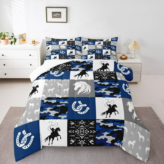 Manfei Cool Cowboy Bedding Comforter Set,Western Farm Horseshoe Twin Comforter Sets,Navy Camo Bedding Set For Boys Kids,Microfiber Bedroom Decor,2 Pieces