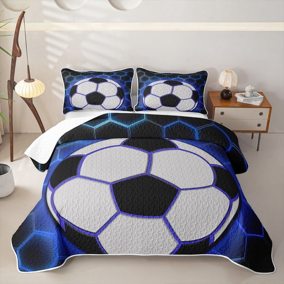 Manfei Cool Football Games Twin Quilt Set For Boys,Sport Themd Twin Coverlet Set,Blue Black White,2 Pieces