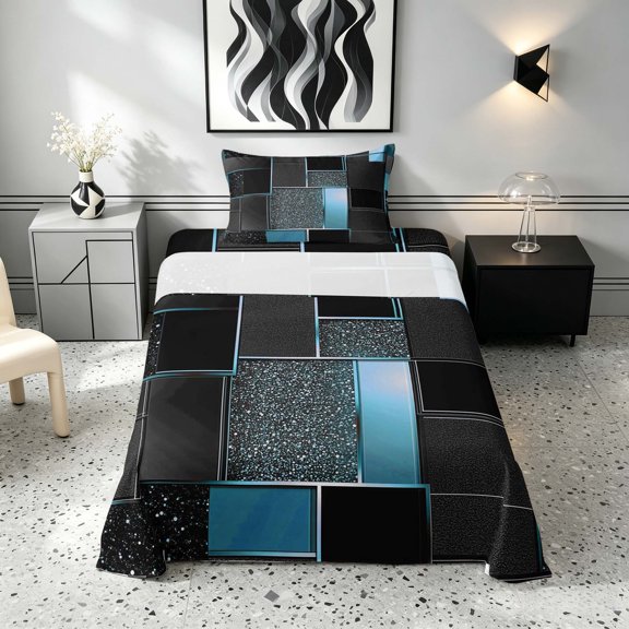 Manfei Cool Geometric Glitter Twin Sheets, Mosaic Plaid Bedding, Black Blue Gold, Black Reversible 3pcs1 Flat Sheet + 1 Fitted Sheet + 1 Pillowcase