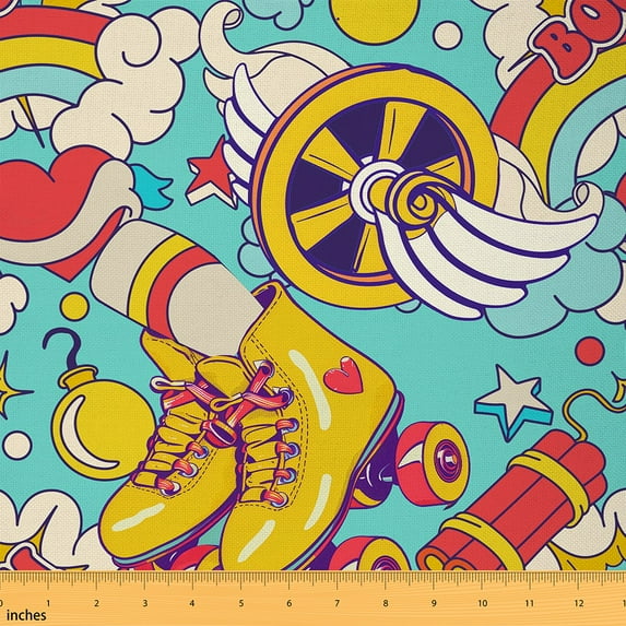 Manfei Cool Girl Roller Skating Fabric by the Yard (10 Yards), Vintage Groovy Party Decorative Fabric by the Yard, Cute Star Rainbow DIY Fabric