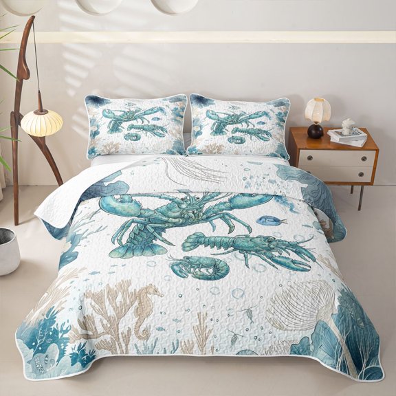 Manfei Cool Lobster Twin Quilt Set,Cartoon Ocean Animal Twin Coverlet Set,Green White,2 Pieces