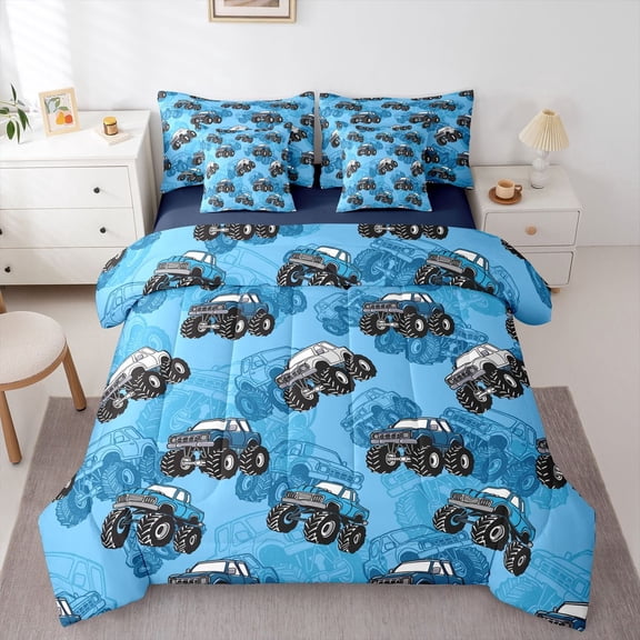 Manfei Cool Monster Truck 7 Pieces Full Size Bedding Sets,Cartoon Car Full Size Bed in a Bag,Blue,Navy Blue Reversible