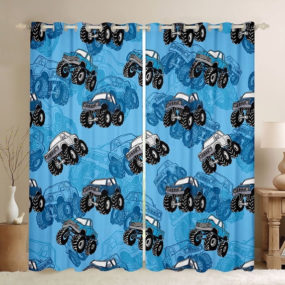 Manfei Cool Monster Truck Blackout Curtains,Cartoon Car Curtains Pack of 2 (42x84 Each),Blue