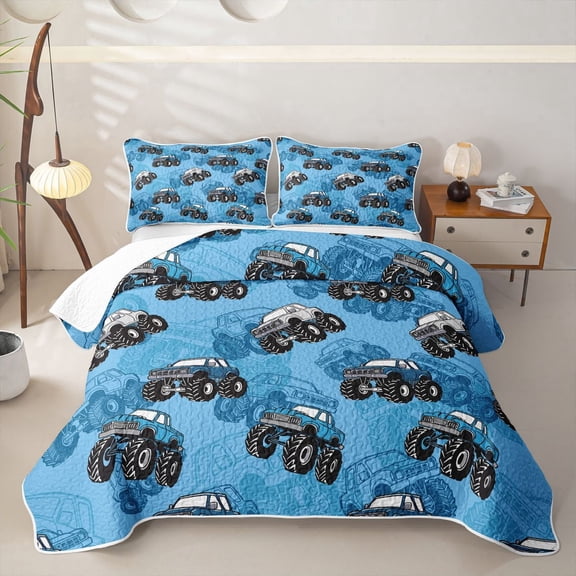 Manfei Cool Monster Truck Twin Quilt Set,Cartoon Car Twin Coverlet Set,Blue,2-Piece