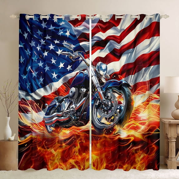 Manfei Cool Motocross Kitchen Curtains,Classic American Flag Black Out Curtains Pack of 2 (42x63 Each),Blue Red White