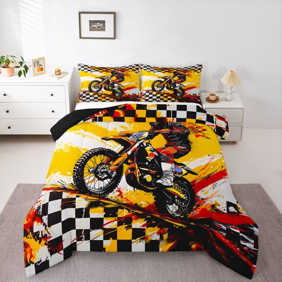 Manfei Cool Motorbike Queen Comforter Set,Checkered Pattern Comforter Sets Queen,Yellow,Black Reversible,3pcs,1 Comforter and 2 Pillowcases