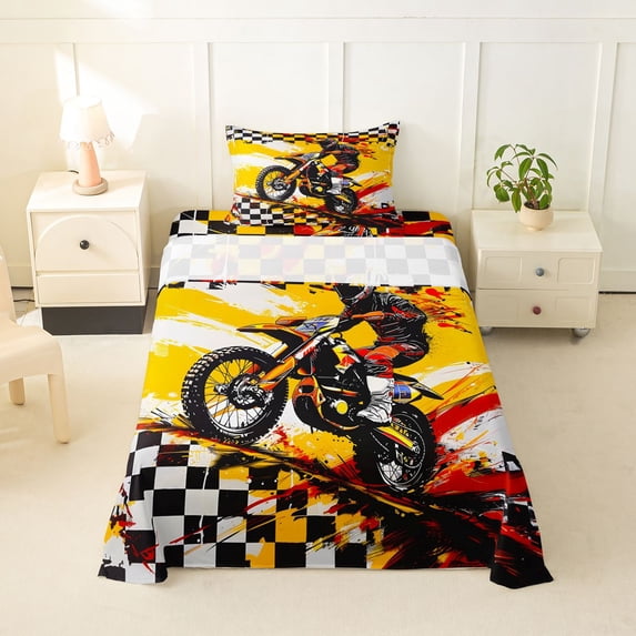 Manfei Cool Motorbike Twin Sheets,Checkered Pattern Bedding,Yellow,3-Piece,1 Fitted Sheet and 1 Pillowcase