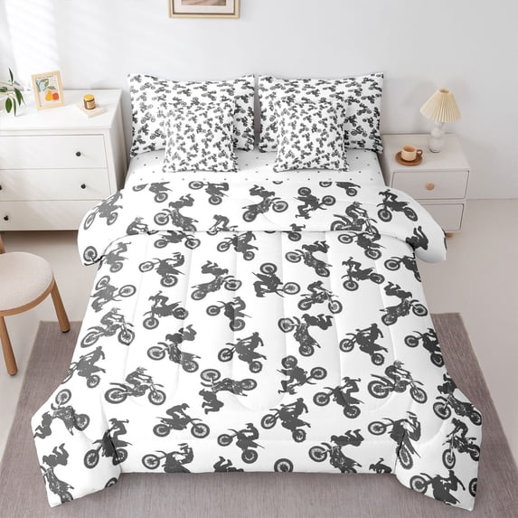 Manfei Cool Motorcycle 7-Piece Twin Bedding,Speed Games Bedding Comforter Set,White,Reversible