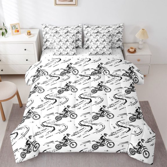 Manfei Cool Motorcycle 7-Piece Twin Bedding,Speed Theme Bedding Comforter Set,White,Reversible