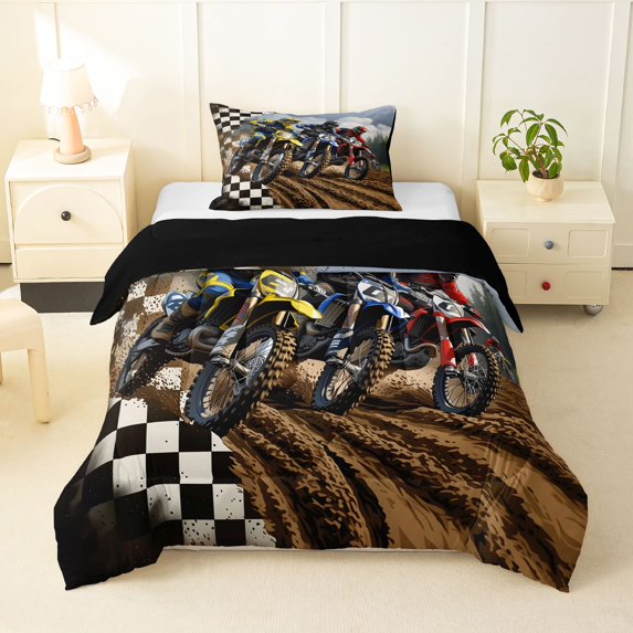 Manfei Cool Motorcycle Twin Comforter Sets,Grid Pattern Bedding Set,Brown,Black Reversible,2pcs,1 Comforter and 1 Pillowcase