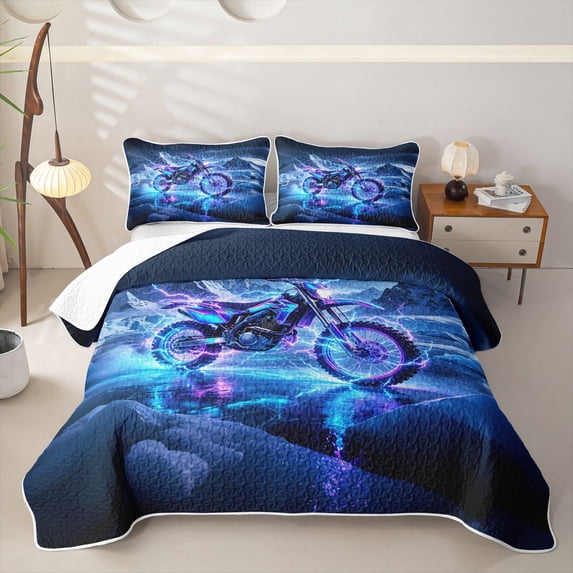 Manfei Cool Motorcycle Twin Quilt Set,Icy Mountain Twin Coverlet Set,Blue Purple,2-Piece