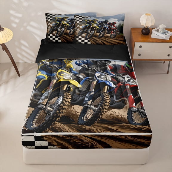 Manfei Cool Motorcycle Zipper Twin Comforter Sets with Fitted Sheet and 2 Pillowcases，Grid Pattern Zipper Bedding Set，Brown,Black Reversible,4pcs
