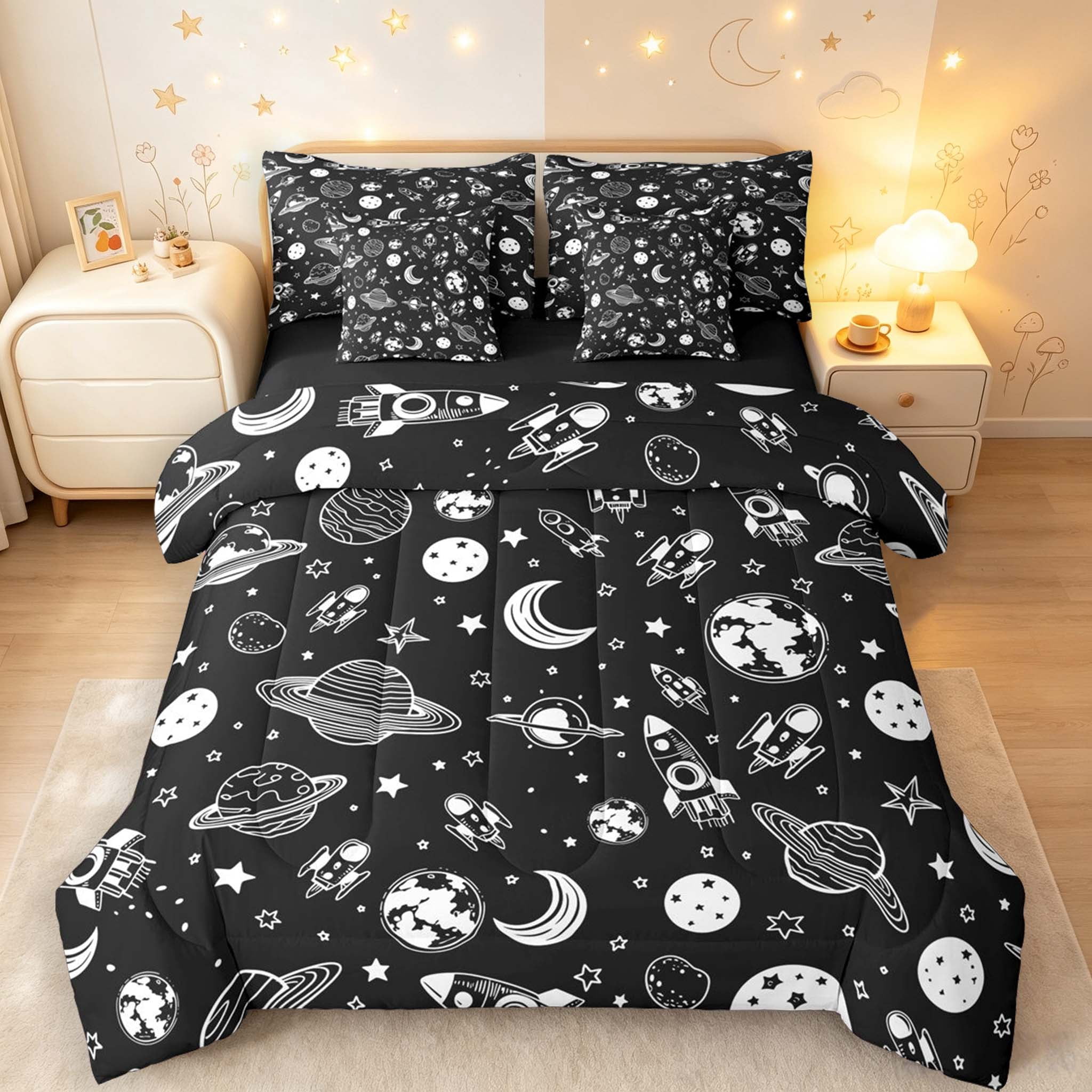 Manfei Cool Rocket Planet 7pcs Queen Bedding,Cartoon Moon Stars Bedding ...