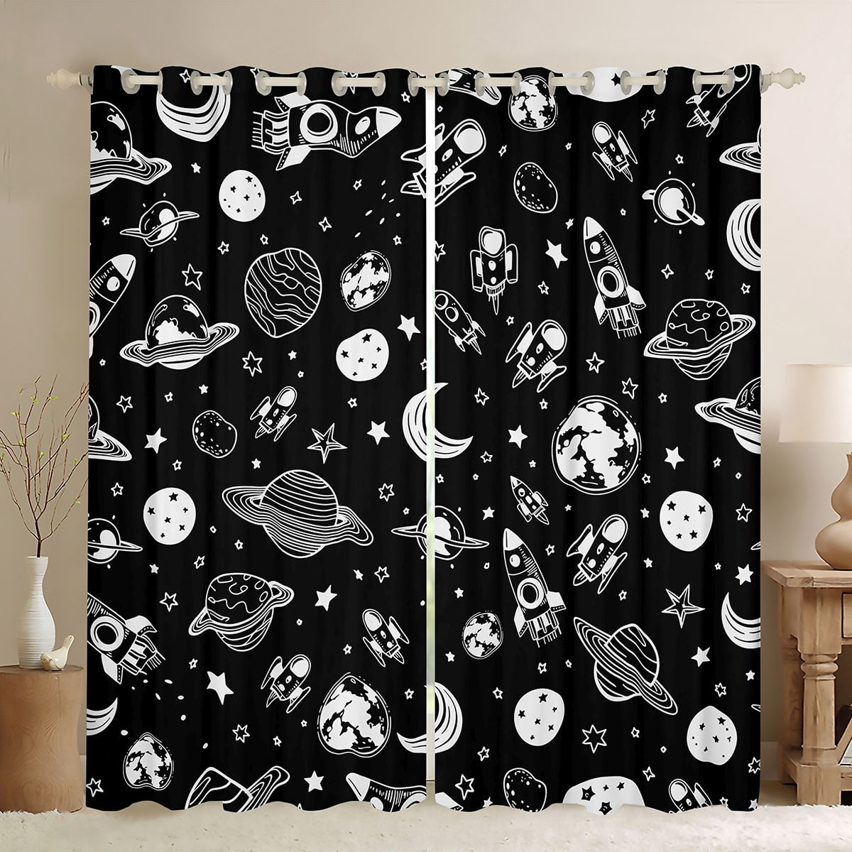 Manfei Cool Rocket Planet Kitchen Curtains,Cartoon Moon Stars Black Out ...