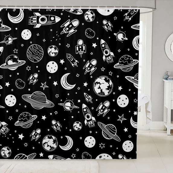 Manfei Cool Rocket Planet Shower Curtain 72Wx72L,Cartoon Moon Stars Bathroom Curtain,White Black
