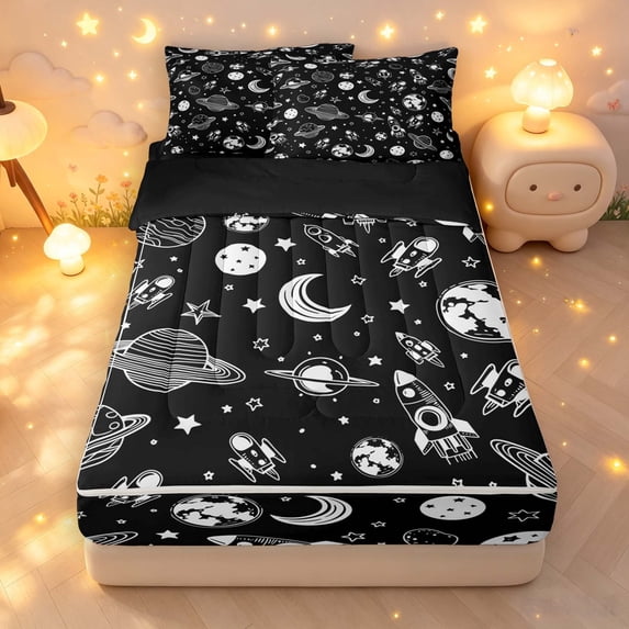 Manfei Cool Rocket Planet Zipper Twin Comforter Sets with Fitted Sheet and 2 Pillowcases,Cartoon Moon Stars Zipper Bedding Set,White Black,Black Reversible,4pcs