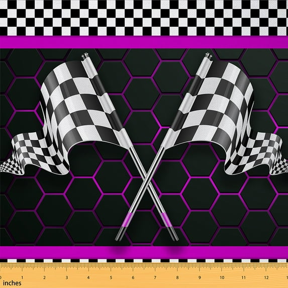 Manfei Cool Sports Car Theme Fabric by the Yard (2 Yards), Racing Flag Decorative Fabric by the Yard, Purple Honeycomb Buffalo Plaid Sewing & Crafting Fabric