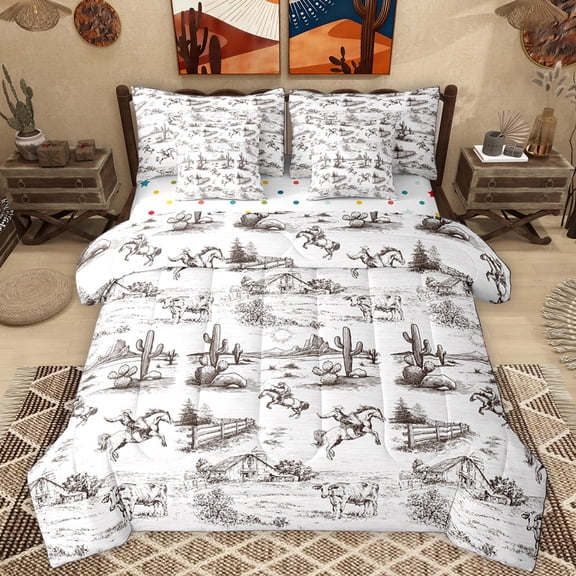 Manfei Cool Western Cowboy 7-Piece Twin Bedding Sets,Rustic Farmhouse Cabin Bedding Comforter Set,Tropical Desert Botanical Cacrus Sheet Sets For Men Women,Breathable Home Decor Reversible