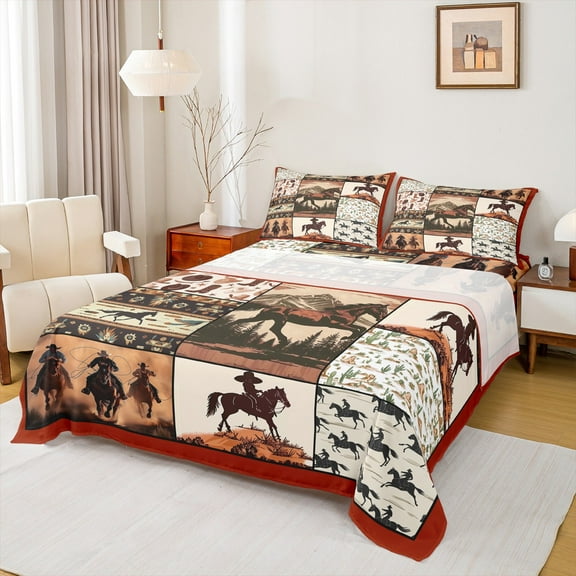 Manfei Cool Western Cowboy Queen Sheet Sets,Country Farmhouse Lodge Flat Sheet,Tropical Desert Cactus Queen Fitted Sheet For Children,Breathable Home Decor,4 Pieces