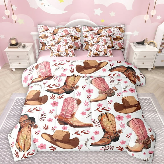 Manfei Cool Western Cowgirl 7-Piece Twin Bedding Sets,Boho Cowboy Boots Bedding Comforter Set,Pink Flower Blossom Sheet Sets For Girls Kids,Super Cozy Room Decor Reversible