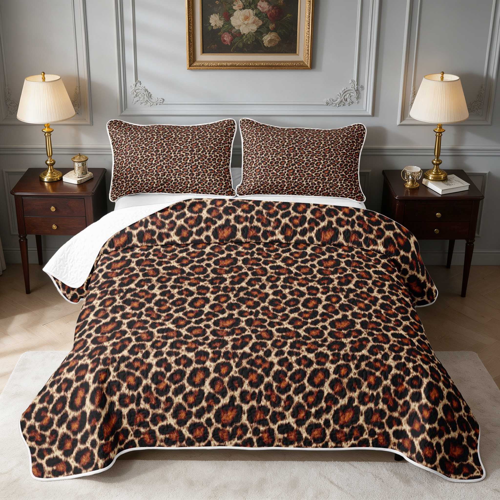 Manfei Copper Leopard Twin Quilt Set, Reddish Rosette Print Twin ...