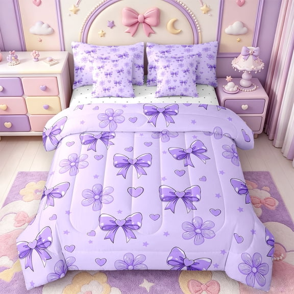 Manfei Coquette Bow 7-Piece Twin Bedding,Purple Dreamy Bowtie Bedding Comforter Set,Reversible