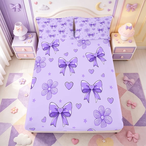 Manfei Coquette Bow Fitted Sheet Full,Purple Dreamy Bowtie Bed Set,3-Piece,1 Fitted Sheet and 2 Pillowcases